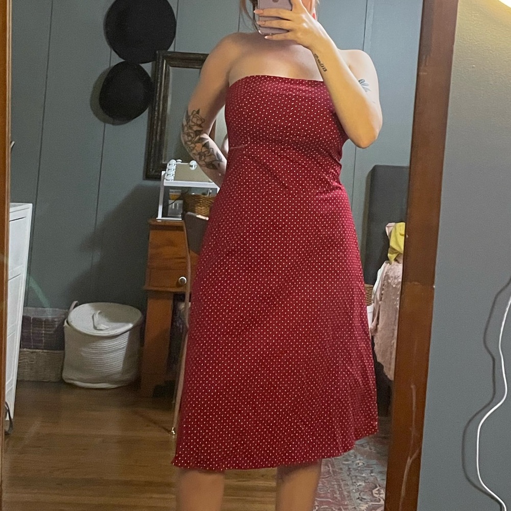 Strapless Red Dress with White Polka Dots